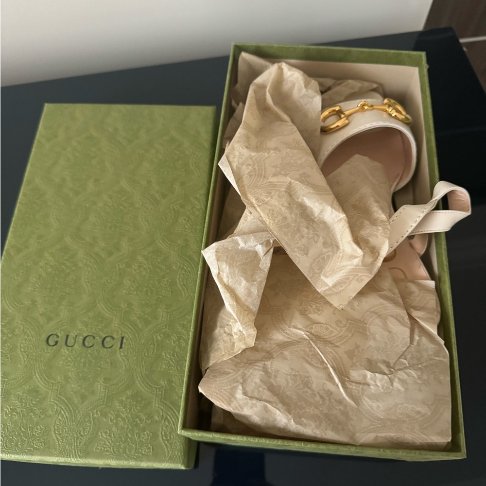 Gucci Beige Sandals with Gold Detail- like new with original receipt and box